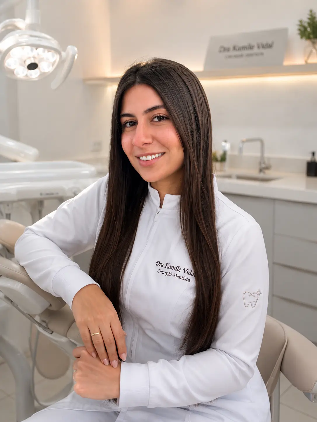 Dra. Kamile Vidal, cirurgiã-dentista, em seu consultório
